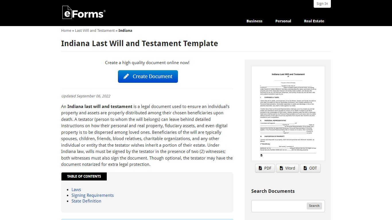 Free Indiana Last Will and Testament Template - PDF - eForms